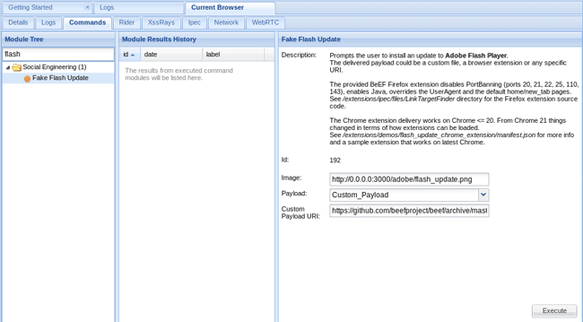 BeEF > Piéger l’utilisateur avec une fausse mise à jour flash
