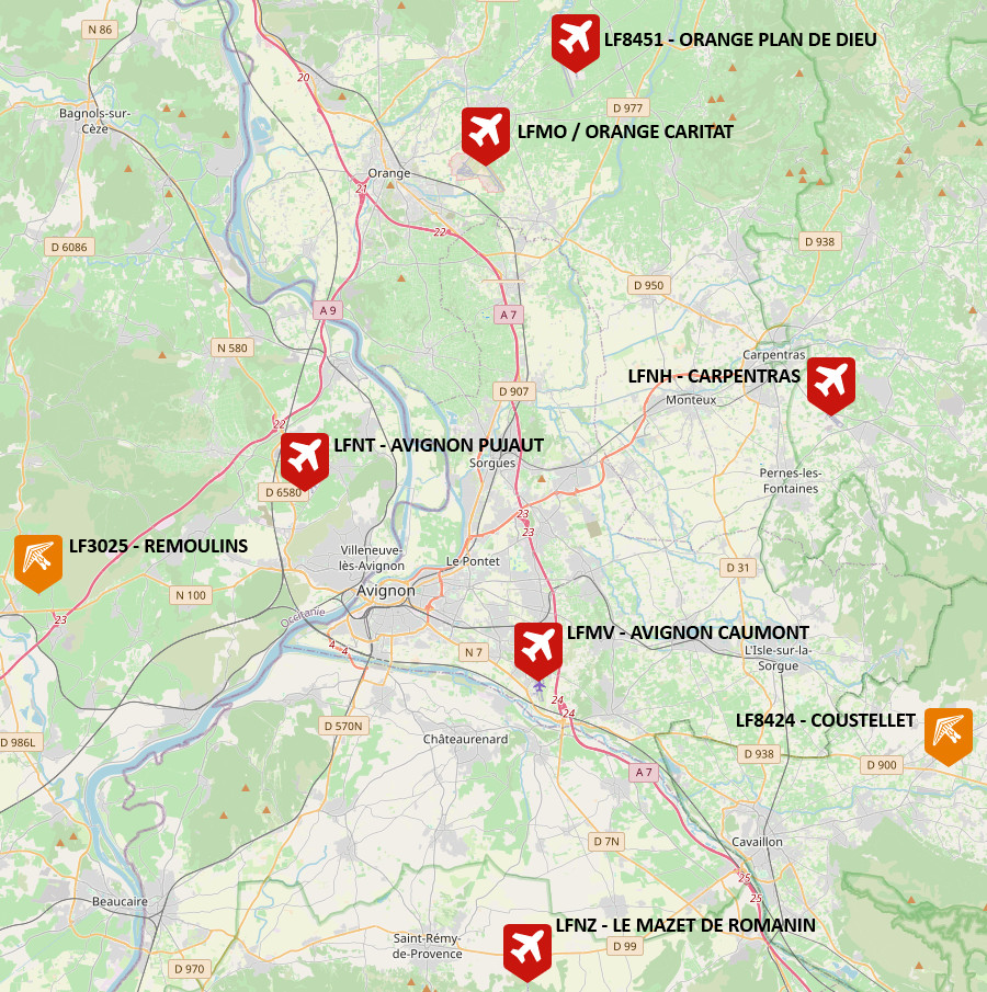 Carte des aérodromes et bases ULM autour d'Avignon